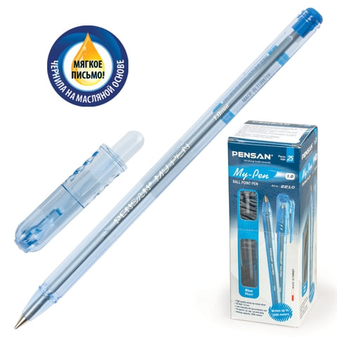 Ручка шариковая масляная PENSAN My-Pen, корпус тонированный синий, 1мм, линия 0,5мм, синяя, 2210 фото 1