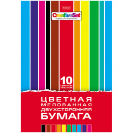 Цветная бумага двусторонняя А4, Hatber Creative Set, 10л., 10цв., мелованная, в папке