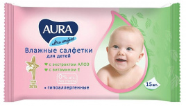 Салфетки влажные Aura Ultra comfort, 15шт., детские, универсал. очищающие, без спирта
